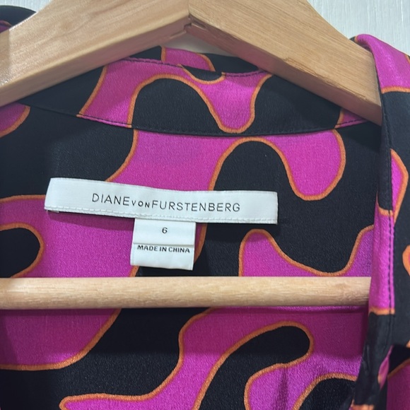 DIANE VON WOMEN PULLOVER BLOUSE PINK BLACK LONG SLEEVE 100 % SILK Sz 6 - Picture 6 of 9